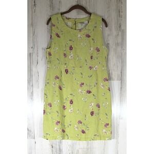 Kiko Linen Shift Dress Medium Green Purple Floral Sleeveless Keyhole Neck READ